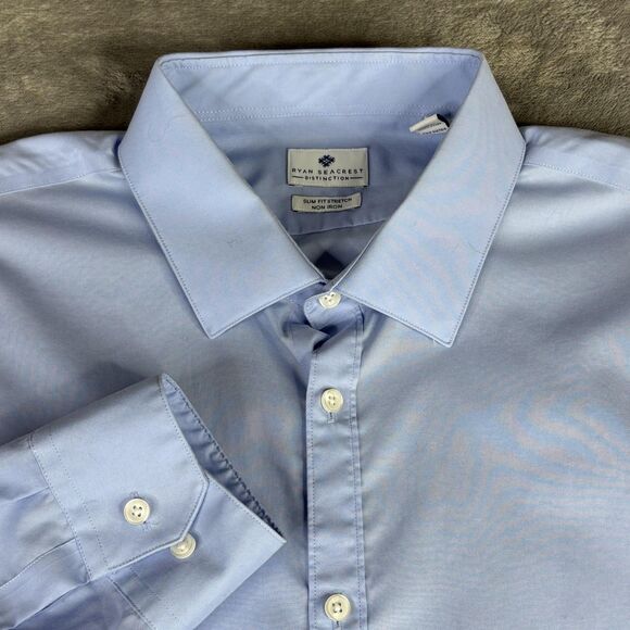 Ryan Seacrest Distinction Shirt Men 18 34/35 Blue Slim Stretch Non Iron Dress - Picture 1 of 12
